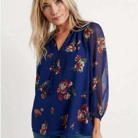 Lucky Brand Blue Chiffon Red Rose Floral Peasant V Neck Boho Blouse Size XS - Picture 1 of 11